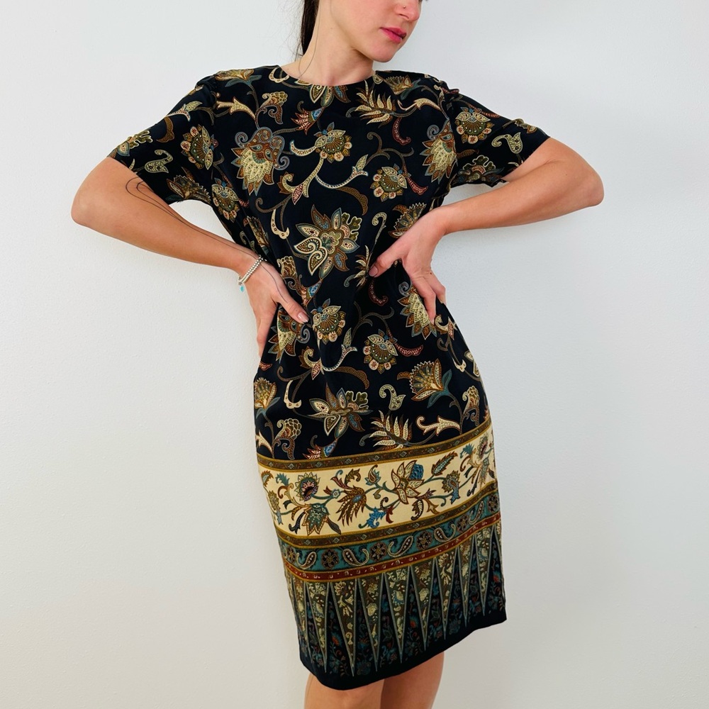 Vintage Liz Claiborne Mini Dress 100% Silk Floral Paisley Printed Brown